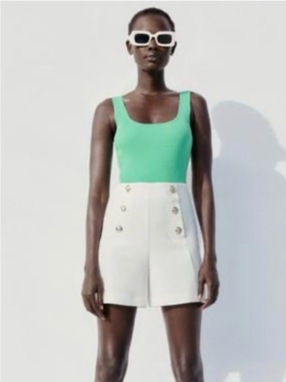 Zara White High-Waist Sailor Button Shorts